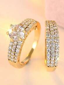 1 Set New Creative Copper Material Zirconia Stone Couple Rings, Suitable For Commuting, Engagement, Party Wear - Ring Set - View 1