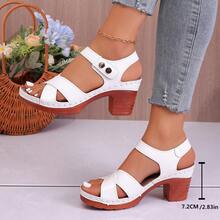 Sandalias de verano de punta abierta, plataforma de madera vintage, tacón grueso y macizo, diseño con hebilla de correa - Blanco - Ver 10