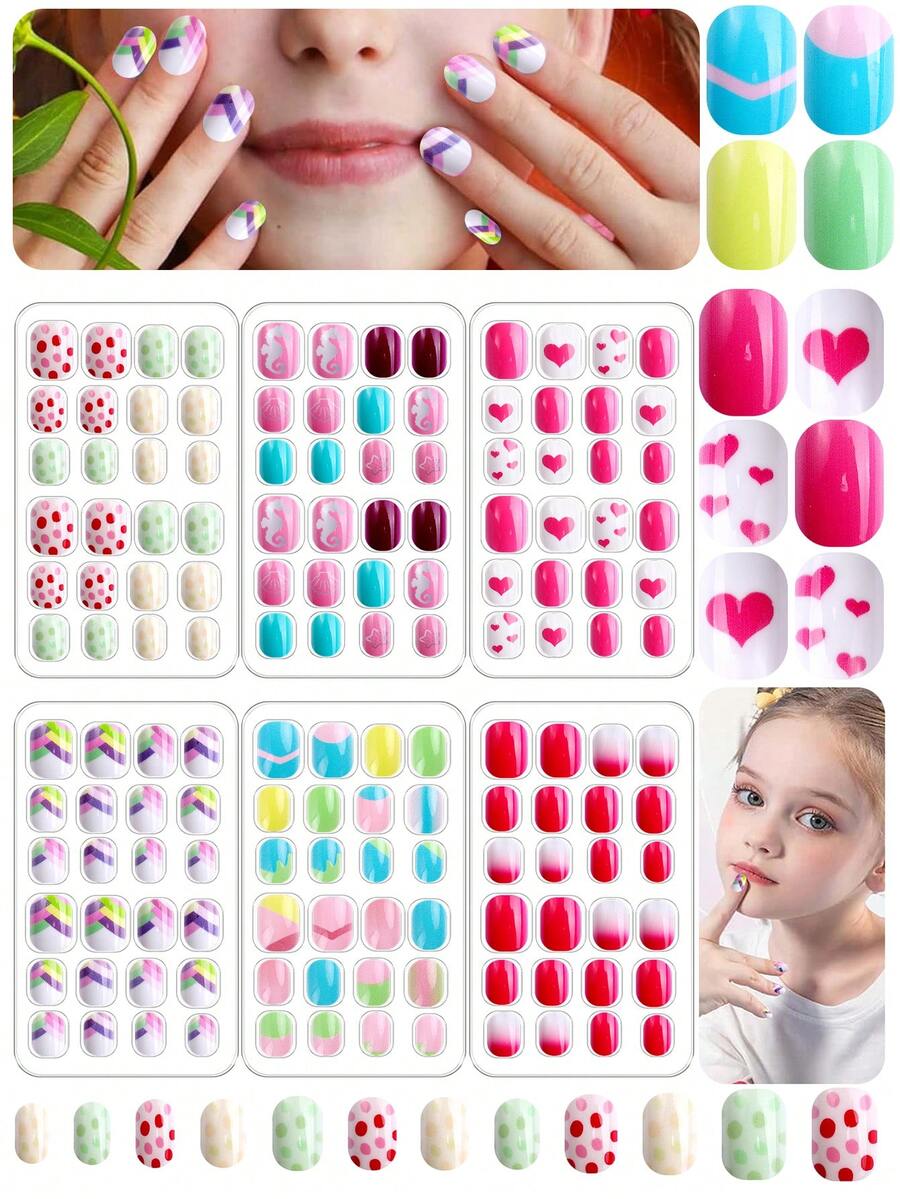 144 Stück Kinder Nagel-Salon Set, mit makronenfarbenenen Cartoon-Kunstnägeln, selbstklebenden Nagelaufklebern und niedlichen Farbverlauf-Nagelaufklebern. Perfekt für Mädchen DIY Nail Art, Heimpartys und Geburtstagsgeschenke.