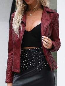 Áo khoác nữ cỡ lớn mùa thu/đông, phong cách đường phố cổ điển, thích hợp đi làm và mặc thường ngày, có túi và khóa kéo. - Đỏ - Xem 6