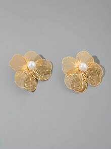 1 Pair Minimalist Elegant Gold Flower & Pearl Pendant Earrings, Unique Jewelry Gift Suitable For Dates And Gatherings - Multicolor - View 7