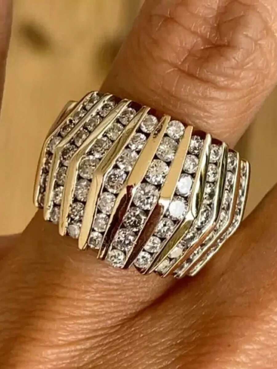 1pc Women's Copper Plated Silver Zirconia Ring, Fashionable And Versatile For Daily Wear - Yellow Gold - View 1