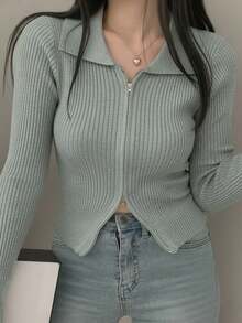 2025秋冬季女士针织开衫，双面拉链款 - 灰色 - 查看 5