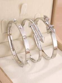 Bộ 1/3 vòng tay bằng thép không gỉ đính đá Zirconia, kiểu dáng Punk bạc, thích hợp cho nữ/bé gái đeo hàng ngày, dự tiệc, công sở, làm quà tặng. - Bạc - Xem 9