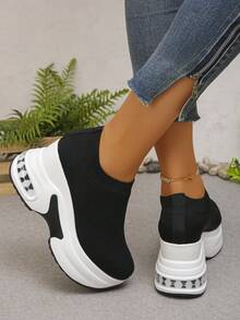 Comfortable Women's Shoes, Smooth Fabric Breathable Ladies Shoes, Black & White Color Block Thick Sole Platform Casual Sneakers, Slip-On, Casual, Preppy, Suitable For Outdoor, Gym, All Seasons - Black - View 6