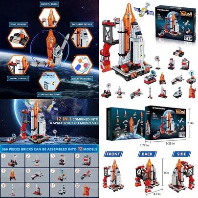 WEMEMORN Juguetes de cohete y lanzadera de exploración espacial para niños de 6 a 12 años, kit de bloques de construcción STEM aeroespacial de 12 en 1 de 566 piezas, un excelente recurso para introducir la ciencia espacial