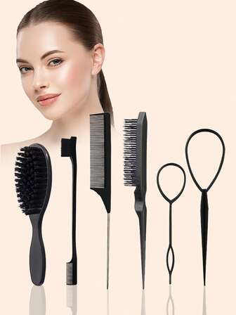 6-Piece Set, Hair Comb And Styling Tool Kit, Including A Hair Brush For Trimming, Pointed Tail Comb, Teasing Comb, Double-Ended Eyebrow Brush, Hair Threading Needle, Tools For Combing Hair, Taming Flyaways, Smoothing Curls, Creating Sleek Ponytails And Buns-Suitable For Women's Hair Gel, Hair Cream