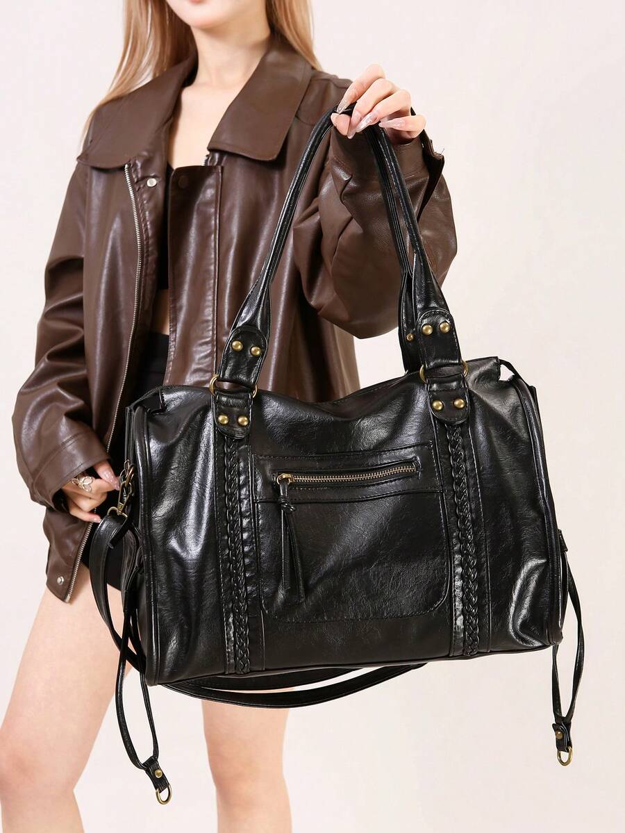 New Fashion Women's Bag, Y2K Retro Motorcycle Bag, Soft Leather Large Capacity Tote Bag, Wasteland Style Shoulder Bag, Women's Shoulder Crossbody Bag, Super Soft Fabric - Black - View 1