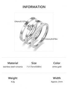 3pcs Set Modern Minimalist Fashion Versatile Sparkling Cubic Zirconia Round Ring Set, Stainless Steel Rings Suitable For Women To Match Daily Outfits And Party Accessories, Great Gift