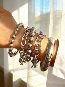 5 Peças Conjunto de Pulseiras e Braceletes Geométricos Assimétricos Vintage, Elegantes e Casuais, com Contas CCB, Oco, Minimalista, Personalizado, Espesso, Liso, de Alta Qualidade, Adequado para Mulheres, Festa, Encontro, Presente, Uso Diário, Versátil - Prata - Visão 1