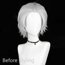 Short Silver White Straight Fluffy Men Wigs Middle Part Anime Game Cosplay Wigs Heat Resistant For Daily Party - Silver - View 2