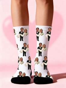 1 Pair Customized Cartoon Black & White Print Socks For Couples Personalized Soft Elastic Breathable Socks - White - View 1