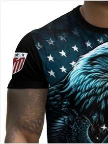 Men's 3D All-Over Print USA Flag & Eagle Patriotic T-Shirt - Heavyweight 4th Of July Shirt With 3D Bald Eagle & American Flag Design, Red/White/Blue Colors, Casual Round Neck Short Sleeve Tee For Independence Day, Casual Attire & Themed Events - Machine Washable, Comfortable Fit, Ideal For Men's Fashion & Patriotic Celebrations, Featuring USA Lettering & Eagle Motif, PLUS SIZE - 彩色 - 查看 5