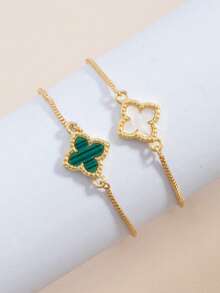 2pcs/Set Classic White & Green Four-Leaf Clover Adjustable Bracelet Set - One Size Fits All - White and Green Adjustable Bracelet - View 5
