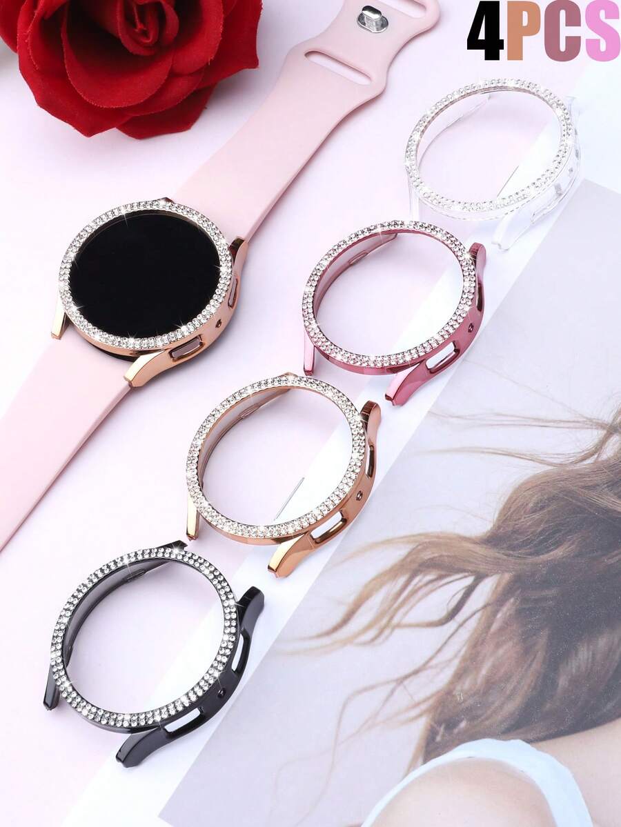 4件套闪亮钻石表壳,兼容三星Galaxy Watch Series 4/5/6/7,40mm和44mm表壳,镶嵌两排水钻,防震,硬质PC镂空表壳,时尚优雅的女士表壳,佩戴舒适方便,触感灵敏,四色组合套装。 - 透明+粉紅+玫瑰金+黑色 - 查看 1