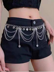 1pc Fashionable Vintage Tassel Coin Patchwork Waist Chain, Geometric Oval Metal Coin Body Chain, Suitable For Women's Daily, Festival, Evening Wear, Gift For Friends And Family , Women's Daily,Festival,Evening Wear, Perfect Gift For Friends ,Family  Boho    Zinc Alloy    Wedding     Zinc Alloy - 銀色 - 查看 3