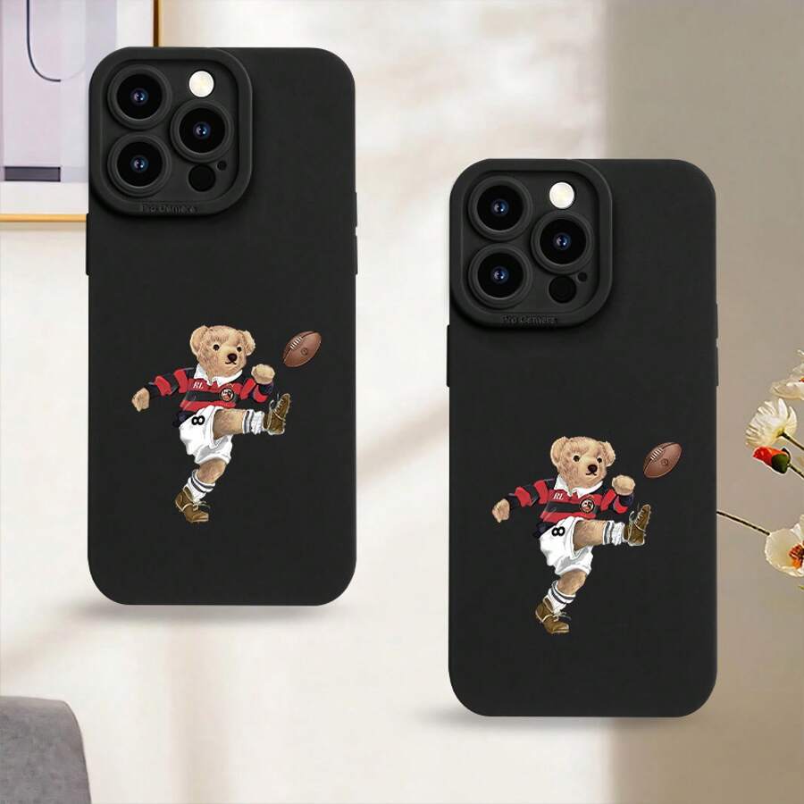 Estuche protector para con un diseño creativo de oso pequeño de rugby, impreso con UV y acabado mate, que ofrece protección total 360 ° . Compatible con varios modelos de teléfonos inteligentes, incluyendo 11, 12, 13, 14, 15, 16, 17, Pro Max, XR, X/XS, 7, 8 Plus, SE, Mini y más. - Negro - Ver 1