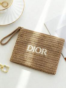 Christian Dior New Embroidered Logo Straw Bag, Size 23.5*17*1cm. Elegant Cosmetic Bag, Minimalist And Fashionable Storage Bag, Convenient Handbag, Also Suitable For Organizing Your Toiletry Bag. - Beige - View 1