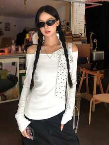 女士长袖露肩修身T恤 - 白色 - 查看 4