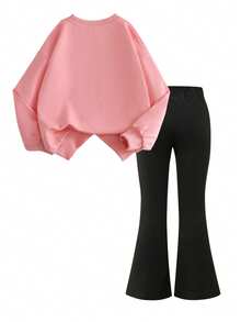 2pcs/Set Girls Bow Print Crew Neck Sweatshirt And Pants, New Fashionable Casual Travel Outfit - Pink - View 3