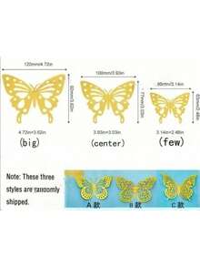 60pcs 3D Butterfly Wall Stickers, Butterfly Birthday Decorations, Butterfly Party Decorations, Cake Decorations, Nursery Decorations, Removable Stickers (Gold) Random Styles - Paper - Gold - View 3