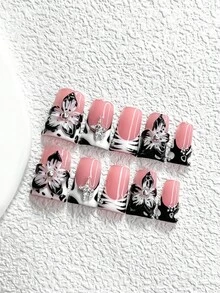 10pcs Y2K Black & White Nail Stickers, Handmade Nail Art Set Includes Star, Flower Shaped Nail Decorations. Mini Silver Metal Bead Nail Decor, Black & White Gel Nails, Mature & Steady, 3 Sizes Available: Almond, Duck Mouth, Coffin Nail Shapes, Comes With Tool Kit, Suitable For Women & Girls, For Party, Daily Wear Nail Supplies - 彩色 - 查看 2