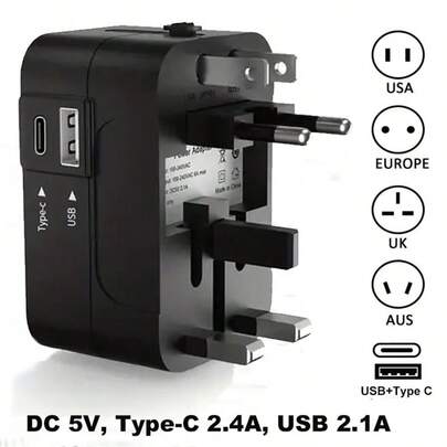 phenomdom World All In One Universal Travel Adapter, 1USB+1Type-C Charger, Wall AC Power Plug Adapter, USA EU UK AUS Converter Adapter, USB Charger, Travel Adapter, Good For Travel, Home And Office