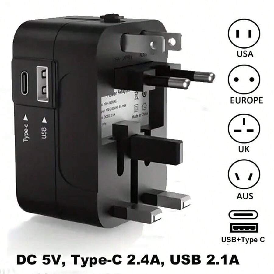 phenomdom Universal Travel Adapter, 1 USB Port + 1 Type-C Port, Wall Plug Power Adapter, US/EU/UK/AU Conversion Adapter, USB Charger, Travel Adapter, Suitable For Travel, Home And Office Use