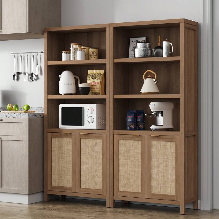 SICOTAS Bookcase 71" Tall Bookshelf 5 Tier Rattan Boho Bookcase With Doors Storage Large Book Case Shelf Farmhouse Bookshelves Library Book Shelves For Living Room Bedroom Home Office Kitchen - Gỗ sồi Caramel - Xem 1