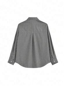 春季新品！女士蓝色格子衬衫，宽松休闲外套式长袖上衣，黑色 - 黑色 - 查看 5