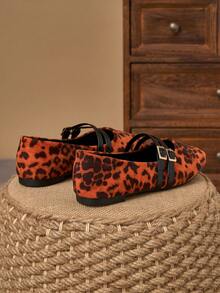 WHDXY Women's Leopard Print Square Toe Mary Jane Flat Shoes, Double Strap Double Buckle Loafers, Vintage Versatile Comfortable For Commuting And Casual Wear - Orange - View 4