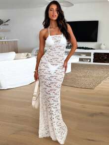 Spring Summer New Women's Fashion Sexy Minimalist Sexy Style Lace Cutout Slim Strapless Open Back Vacation Beach Maxi Dress White Party - White - View 11