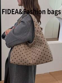 女士秋冬新款波点图案手提包，涤纶材质，简约时尚，适合日常通勤、送礼、时尚百搭，大容量，优雅大方
