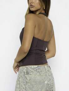 Womens Y2K Square Neck Halter Tank Tops Fashionable Minimalist Sleevless Backless Cami Crop Vests Side Split Slim Fit Shirt Tee Going Out Tops Party Club Streetwear Summer Outfits,Vacation Outfits Women - 深棕 - 查看 2