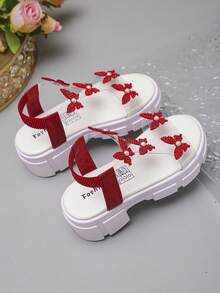 1双时尚闪亮漂亮女童蝴蝶水钻透明厚底凉鞋，仙女风格，适合夏季穿着 - 紅色 - 查看 4