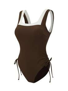 Women's One-Piece Square Neck Swimsuit, Vintage Elegant Knotted Brown & Apricot Color Block High Cut Drawstring Hem Beach Holiday One-Piece Swimwear - Brown - View 6