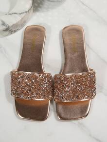 Women's Casual Crystal Embellished Solid Color Square Toe Slip-On Flat Sandals, Suitable For Beach, Spring/Summer - Champagne - View 7