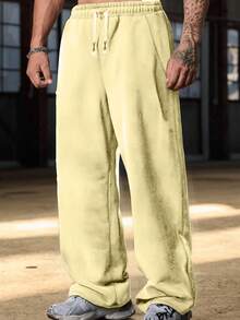 Plus Size Loose Fit Multi-Color Men's Sweatpants, Drawstring Design, Comfortable & Versatile - Yellow - View 1