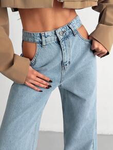 High Waist Plain Casual Comfortable Denim Pocket Zipper Button Jeans - Dark Wash - View 3