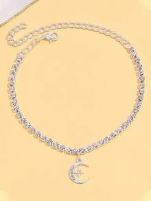 Rhinestone Moon Charm Anklet - Silver - View 2