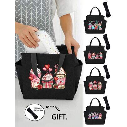 印有粉色奶茶和蛋糕图案的午餐包 - 巧克力爱心、粉色爱心、可爱兔子图案，搭配黑色餐具收纳袋。侧边双口袋午餐盒，大容量学生午餐保温冷藏包，便携式旅行野餐包，办公/学校午餐盒，工作午餐盒，办公/假期午餐盒