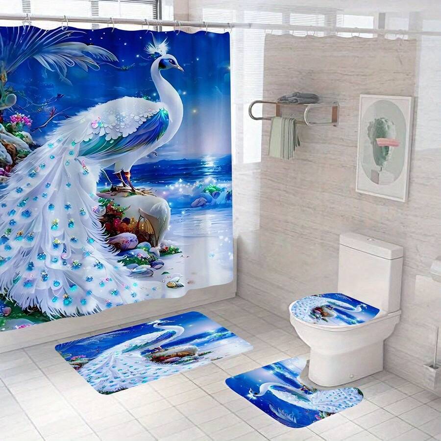 Elegant White Peacock 4pcs Bathroom Set - Waterproof Shower Curtain With Hooks, Non-Slip Bath Mat, U-Shaped Rug & Toilet Lid Cover - Multicolor - View 1
