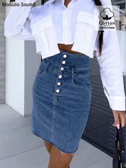 Mobula Sound# Sexy Music Festival Inspired High Waist Button Decor Flattering Elegant Romantic Women's Denim Mini Skirt, Summer
