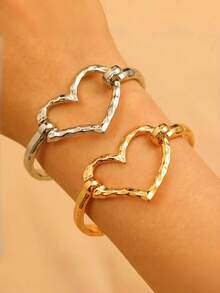 1 pieza Brazalete minimalista de aleación exagerado, versátil, de moda, creativo con cruz y corazón enchapado, regalo ideal para el Día de San Valentín - Multicolor - Ver 2