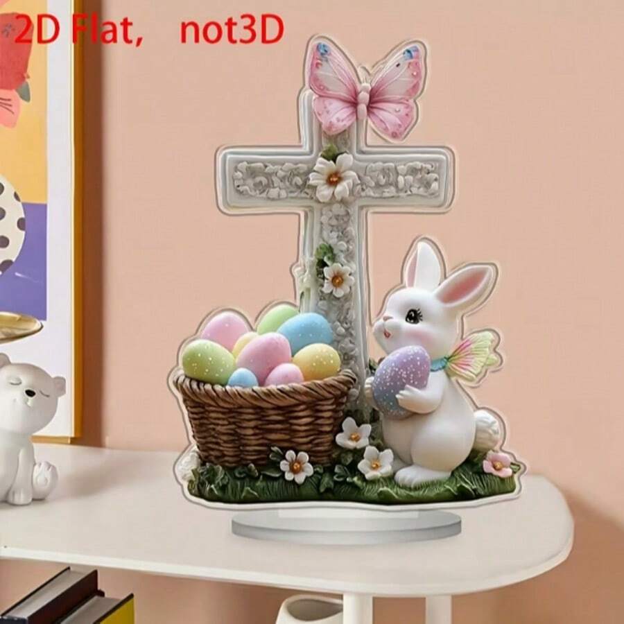 2D Bohemian Style Acrylic Easter Cross Decoration With Butterfly, White Rabbit, And Egg Basket - Multifunctional Desktop Animal Theme, Suitable For Families, Christmas, Halloween, Parties, Birthdays, Thank-You Gifts, And Housewarming Gifts Room Decor Home Decor Ornaments Home Miniature Things - Multicolor - View 1