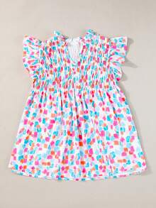 Acelitt Pull-over à manches volantées col V imprimé abstrait mode été - Multicolore - Voir 5