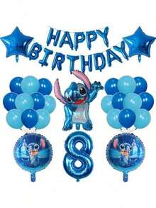 史迪奇主题铝箔气球和蓝色乳胶气球套装，生日派对和节日必备装饰 - 彩色 - 查看 9