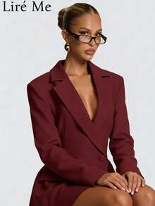Liré Me French-Style Vintage High-End Tailored Suit Dress With Deep V-Neck, Puff Sleeves, Faux Pockets, And A Cinched Waist - 紅色 - 查看 3