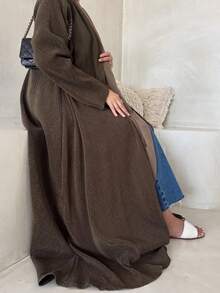 1 Piece Fashion Simple One Size Multicolor Moon Embroidery Women Solid Color Middle Eastern Clothing Long Skirt Fashionable Elegant Cardigan Cuff Embroidery Dress Robe Abaya Suitable For Daily Festival - Brown - View 3