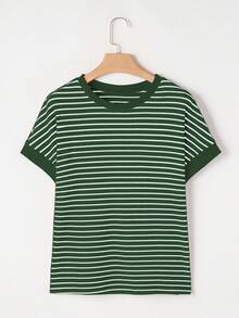 Acelitt 条纹撞色肩部短袖针织休闲圆领T恤，夏季 - 綠色 - 查看 4